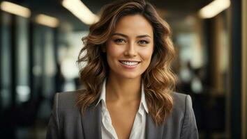 Portrait of happy woman looks in camera. Ai Generated photo