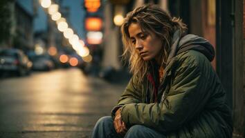 Homeless woman drug and alcohol addict sitting alone. Ai Generated photo