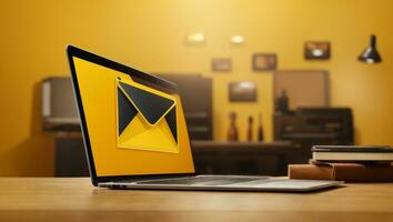 Email icon illustration on laptop screen, yellow background. Ai Generated photo