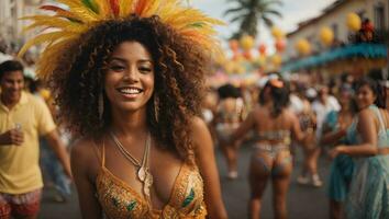 divertido mujer bailando carnaval en el calle. brasileño personas disfrutando carnaval festival en Brasil. ai generado foto