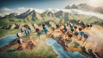 Pins on a geographic map curved like mountains. Pinning a location on a map with mountains. Adventure, geography, mountaineering, hike and travel concept background. Ai Generated photo