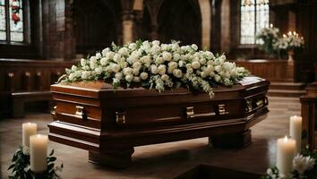 Coffin in the church with white flowers. Funeral ceremony. Ai Generated photo