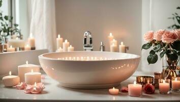 Elegant white bathroom interior with modern vessel sink, rose and candles. Ai Generated photo