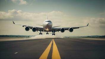 avión tomando apagado desde el aeropuerto.. ai generado foto