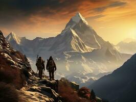 Mountain climbers with mountains in the background AI Generative photo
