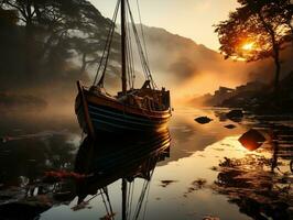 Boat in the lake mist sunrise landscapes AI Generative photo