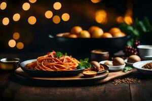spaghetti with tomato sauce and meatballs on a wooden table. AI-Generated photo