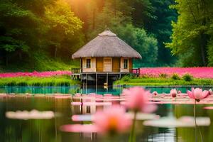 a small hut sits on the edge of a lake with pink lotus flowers. AI-Generated photo