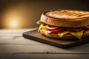 grilled cheese sandwich on wooden board with light background. AI-Generated photo