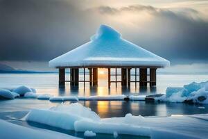 a small hut sits on top of an ice covered lake. AI-Generated photo