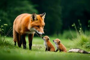 a fox and her cubs are standing in the grass. AI-Generated photo