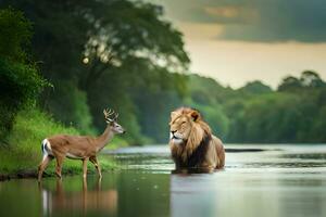 un león y un ciervo son en pie en el agua. generado por ai foto