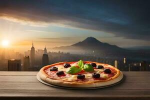 pizza with olives and basil on a wooden table with cityscape in the background. AI-Generated photo