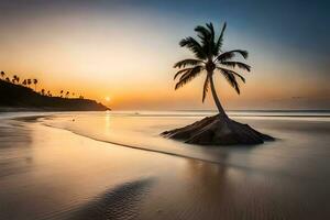 un solitario palma árbol soportes en un pequeño isla en el océano. generado por ai foto