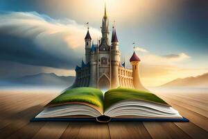 an open book with a castle on top of it. AI-Generated photo