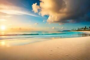 un hermosa playa escena con un hermosa puesta de sol. generado por ai foto