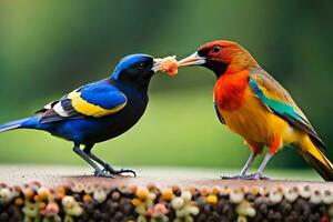 two colorful birds eating food on a table. AI-Generated photo