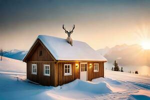 a deer stands on top of a cabin in the snow. AI-Generated photo