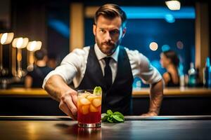 barman preparando cóctel a bar. generado por ai foto