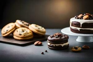chocolate pastel y galletas en un mesa. generado por ai foto