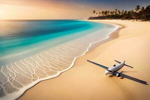un avión es estacionado en el playa siguiente a el océano. generado por ai foto