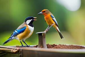 two birds are standing on a wooden perch. AI-Generated photo