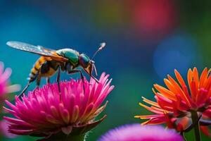 a bee on a flower with colorful background. AI-Generated photo
