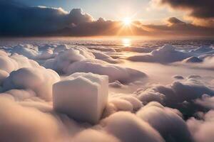 a large block of ice floating in the clouds. AI-Generated photo