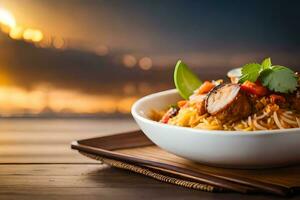 chinese food with noodles and meat in bowl on wooden table with sunset background. AI-Generated photo