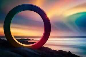 a ring is sitting on the rocks with a rainbow light in the background. AI-Generated photo