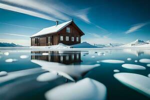 a house is sitting on top of ice in the middle of a lake. AI-Generated photo