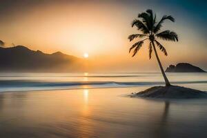 un solitario palma árbol soportes en un isla en el Oceano a puesta de sol. generado por ai foto