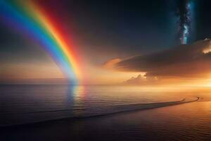 a rainbow is seen over the ocean at sunset. AI-Generated photo