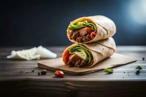 two wraps with meat and vegetables on a wooden cutting board. AI-Generated photo