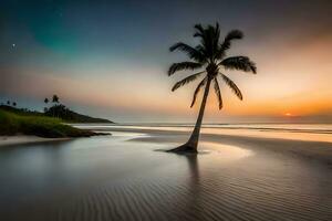 a lone palm tree stands on the beach at sunset. AI-Generated photo