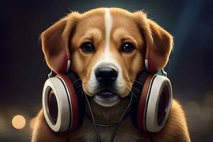 un perro vistiendo auriculares en un oscuro antecedentes. generado por ai foto