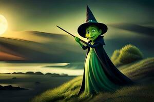 a cartoon witch holding a wand in the moonlight. AI-Generated photo