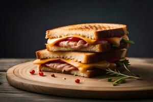 two grilled sandwiches with cheese and ham on a wooden board. AI-Generated photo