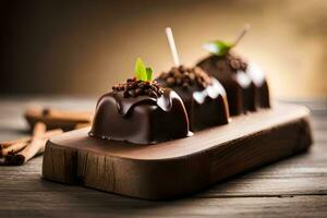 chocolate covered apples on a wooden board. AI-Generated photo