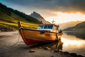 a boat sits on the shore of a lake at sunset. AI-Generated photo