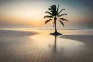 a lone palm tree stands on the beach at sunset. AI-Generated photo