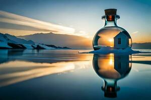 a bottle with a house in it sitting on the water. AI-Generated photo