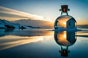 a bottle with a house in it sitting on the water. AI-Generated photo