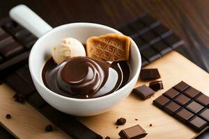 chocolate caliente chocolate con hielo crema y chocolate piezas. generado por ai foto