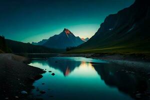 un montaña lago y montañas a puesta de sol. generado por ai foto