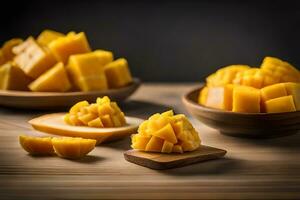 mango slices in bowls on a wooden table. AI-Generated photo