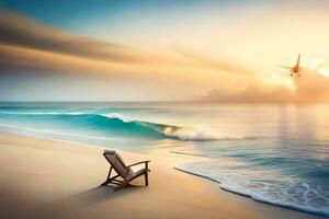 a chair sits on the beach with a wave in the background. AI-Generated photo