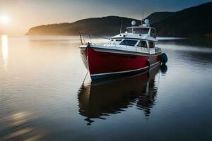 a red and white boat is docked in the water. AI-Generated photo