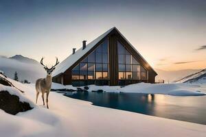 a deer stands in front of a house with snow on the ground. AI-Generated photo