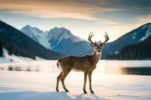 a deer stands in front of a lake at sunset. AI-Generated photo